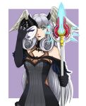  1girl absurdres bangs black_dress black_lips blue_eyes curly_hair dress drop_shadow ememtrp gothic highres long_hair mask mask_removed melia_antiqua monado non-web_source simple_background staff wings xenoblade_chronicles_(series) xenoblade_chronicles_3 