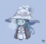  &gt;_&lt; 1girl blue_background blue_hair blue_skin blush cloak closed_eyes colored_skin dress elden_ring extra_arms extra_faces facing_viewer full_body fur_cloak hat large_hat long_hair long_sleeves m_xy miniature_ranni ranni_the_witch signature simple_background solo triangle_mouth very_long_hair white_dress witch_hat 