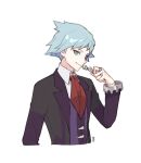  1boy bangs black_jacket closed_mouth collared_shirt commentary_request grey_eyes grey_hair hand_up holding jacket jewelry korean_commentary long_sleeves male_focus mongguri necktie pokemon pokemon_(game) pokemon_oras red_necktie ring shirt short_hair simple_background smile solo steven_stone white_background white_shirt 