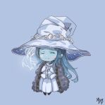  1girl blue_background blue_eyes blue_hair blue_skin blush cloak closed_mouth colored_skin dress elden_ring extra_arms extra_faces full_body fur_cloak hat large_hat long_hair long_sleeves looking_at_viewer m_xy miniature_ranni one_eye_closed ranni_the_witch signature simple_background smile solo very_long_hair white_dress witch_hat 