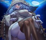  ... 1girl alternate_breast_size artist_name blue_eyes blue_hair blue_skin breasts brown_legwear cloak colored_skin crossed_legs elden_ring extra_arms eyebrows_visible_through_hair fur_cloak hat large_breasts niur one_eye_closed open_mouth ranni_the_witch short_hair sitting solo spoken_ellipsis thigh-highs white_headwear witch_hat 