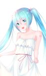  1girl absurdres aqua_eyes aqua_hair bare_arms bare_shoulders caffeinechara dress eyebrows_visible_through_hair hair_ribbon hatsune_miku highres long_dress looking_down nose open_mouth ribbon smile solo spaghetti_strap sundress upper_body vocaloid white_background white_dress 