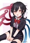  1girl :o asymmetrical_wings bangs between_legs black_dress black_hair black_legwear blush border bow bowtie center_frills dress eyebrows_visible_through_hair fang frills hair_between_eyes half-closed_eyes hand_between_legs highres houjuu_nue long_hair looking_away makita_(vector1525) open_mouth outside_border pointy_ears purple_background red_bow red_bowtie red_eyes short_sleeves signature simple_background sitting skin_fang solo thigh-highs thighs touhou v_arms white_border wings 
