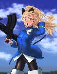 1girl animal_ears black_legwear blonde_hair blush breasts cat_ears cat_tail glasses gun highres long_hair military military_uniform neckerchief open_mouth orange_eyes panties pantyhose perrine_h._clostermann rifle shiny shiny_hair shiri_chin sky small_breasts solo strike_witches tail underwear uniform weapon white_neckerchief white_panties world_witches_series
