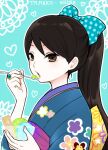  1girl :o alternate_hairstyle aqua_background bangs black_hair blue_bow blue_kimono bow brown_eyes character_name chestnut_mouth cup eating eyelashes fingernails floral_print food from_side hair_bow hair_up han&#039;eri heart heart_background holding holding_cup holding_food holding_spoon ice_cream japanese_clothes jewelry kimono looking_at_viewer looking_to_the_side obiage official_art outline parted_lips polka_dot polka_dot_bow ponytail print_kimono ring romaji_text sana_(memechi) shima_tamako solo sparkle spoon taisho_otome_otogibanashi tied_hair tongue upper_body wafer white_outline 
