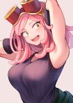 1girl :d arm_up armpits bangs black_gloves boku_no_hero_academia breasts chikuwa_savy gloves goggles goggles_on_head grey_background hatsume_mei highres large_breasts medium_hair pink_hair simple_background smile solo symbol-shaped_pupils teeth twitter_username upper_body upper_teeth watermark, yellow_eyes