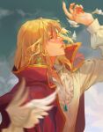  1boy blonde_hair blurry blurry_background blurry_foreground chinese_commentary clouds cloudy_sky coat coat_on_shoulders commentary_request earrings green_eyes hand_up highres howl_(howl_no_ugoku_shiro) howl_no_ugoku_shiro jewelry long_hair long_sleeves male_focus mmmilk outdoors red_coat shirt sky upper_body white_bird white_shirt 