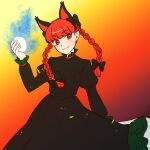  1girl animal_ears bangs black_dress blunt_bangs bow braid cat_ears cowboy_shot dress extra_ears eyebrows_visible_through_hair fang gradient gradient_background hair_bow hand_up hdmi_png juliet_sleeves kaenbyou_rin long_hair long_sleeves looking_to_the_side orange_background puffy_sleeves red_eyes redhead simple_background skin_fang smile solo touhou twin_braids 