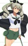 1girl absurdres ada_badguy anchovy_(girls_und_panzer) blush breasts cape closed_mouth collarbone drill_hair eyebrows_visible_through_hair girls_und_panzer green_hair green_skirt hair_ribbon highres looking_at_viewer midriff miniskirt navel ooarai_school_uniform pleated_skirt red_eyes ribbon school_uniform shiny shiny_hair skirt small_breasts solo twin_drills twintails 