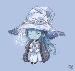  1girl :3 blue_background blue_eyes blue_hair blue_skin blush cloak colored_skin dress elden_ring extra_arms extra_faces fang fang_out full_body fur_cloak hat large_hat long_hair long_sleeves looking_at_viewer m_xy miniature_ranni one_eye_closed ranni_the_witch signature simple_background smug solo very_long_hair white_dress witch_hat 