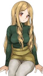  arm_support blonde_hair breasts chestnut_mouth commentary eyebrows_visible_through_hair gatsby_ssl green_sweater grey_legwear highres idolmaster idolmaster_cinderella_girls invisible_chair long_hair long_sleeves looking_at_viewer medium_breasts mochizuki_hijiri panties pantyhose pantyshot pencil_skirt red_eyes sitting skirt solo sweater thighs turtleneck turtleneck_sweater underwear white_background yellow_skirt 