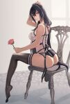  1girl black_hair black_legwear flower hair_between_eyes highres holding holding_flower kantai_collection kasumi_(skchkko) lingerie long_hair looking_at_viewer nagato_(kancolle) on_chair rose sitting thigh-highs underwear 