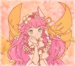  1girl aburigirafa aqua_eyes bead_bracelet beads blush bracelet braid closed_mouth dragalia_lost eyebrows_visible_through_hair fairy fairy_wings floral_background flower hair_flower hair_ornament hand_on_own_face highres jewelry long_hair looking_at_viewer notte_(dragalia_lost) pink_hair smile solo twin_braids upper_body very_long_hair white_flower wings 