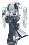  1girl black_gloves blue_eyes character_request closed_mouth gloves gun looking_at_viewer phantasy_star phantasy_star_online sakamoto_mineji short_hair simple_background skirt solo thigh-highs weapon white_background white_hair 
