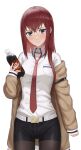  1girl bangs belt black_legwear black_shorts blue_eyes blush bottle brown_coat coat collared_shirt cowboy_shot dr_pepper fook_(gcts5284) hair_between_eyes highres holding holding_bottle legwear_under_shorts long_hair long_sleeves looking_at_viewer makise_kurisu necktie open_clothes open_coat pantyhose parted_lips red_necktie redhead shiny shiny_hair shirt short_shorts shorts simple_background sleeves_past_wrists solo standing steins;gate straight_hair sweatdrop white_background white_belt white_shirt wing_collar 