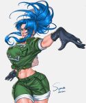  1girl abs bangs blue_eyes blue_hair earrings gloves green_jacket highres jacket jewelry leona_heidern looking_at_viewer midriff military navel ponytail short_sleeves shorts signature simple_background solo superbull164164 suspenders the_king_of_fighters the_king_of_fighters_xv triangle_earrings twisted_torso 