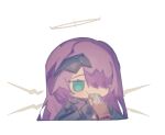 1girl arknights bangs black_gloves black_jacket chibi cropped_torso food gloves green_eyes hair_over_one_eye halo hands_up holding holding_food jacket long_sleeves purple_hair simple_background solo upper_body velliv_(arknights) white_background yoyoseafish