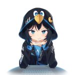 1girl absurdres arch_linux bird black_hair black_jacket blue_eyes english_commentary highres hood hood_up hooded_jacket jacket linux logo looking_at_viewer os-tan pac-man penguin personification raviolimavioli short_hair smirk solo teeth transparent_background 