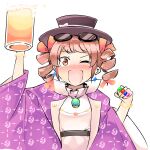 1girl ;d alcohol bangs black_headwear blush bow bracelet cup drill_hair eyebrows_visible_through_hair eyewear_on_head ginnkei hat highres holding holding_cup jewelry looking_at_viewer necklace one_eye_closed open_mouth ring simple_background smile solo sunglasses top_hat touhou twin_drills upper_body white_background yorigami_jo&#039;on 