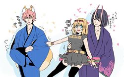  1girl 2boys animal_ear_fluff animal_ears bangs belt black_hair black_legwear blonde_hair blue_eyes blue_kimono bracelet breasts collarbone commentary_request fate/extra fate/grand_order fate_(series) fox_boy fox_ears fox_tail genderswap genderswap_(ftm) genderswap_(mtf) heart hetero horns japanese_clothes jewelry kimono kurusu_piyo large_breasts looking_at_another looking_away medium_hair multiple_boys obi open_mouth pink_hair purple_kimono sakata_kintoki_(fate) sash short_sleeves shuten_douji_(fate) star_(symbol) sunglasses sweat tail tamamo_(fate) tamamo_no_mae_(fate/extra) thigh-highs translation_request violet_eyes yellow_eyes 