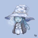  1girl :d blue_background blue_eyes blue_hair blue_skin blush cloak colored_skin dress elden_ring extra_arms extra_faces full_body fur_cloak hat large_hat long_hair long_sleeves looking_at_viewer m_xy miniature_ranni one_eye_closed ranni_the_witch signature simple_background smile solo very_long_hair white_dress witch_hat 