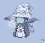  1girl blue_background blue_hair blue_skin cloak colored_skin doyagao dress elden_ring extra_arms extra_faces facing_viewer full_body fur_cloak hat large_hat long_hair long_sleeves m_xy miniature_ranni ranni_the_witch signature simple_background smug solo very_long_hair white_dress witch_hat 