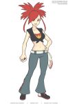  1girl breasts crop_top denim flannery_(pokemon) full_body gofelem holding jeans long_hair looking_at_viewer midriff navel open_mouth pants pokemon pokemon_(game) pokemon_rse red_eyes redhead simple_background smile solo white_background 