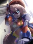  1girl android arm_support beret breasts brown_hair capcom dress green_eyes hair_between_eyes hand_in_own_hair hat iris_(mega_man) long_hair low-tied_long_hair mega_man_(series) mega_man_x4 mega_man_x_(series) napo open_mouth red_headwear solo very_long_hair 