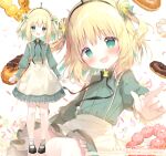  1girl alternate_hairstyle amano_pikamee blonde_hair blush commentary_request double_bun food full_body green_eyes hair_ornament headband looking_at_viewer official_alternate_costume official_art shiratama_(shiratamaco) shoes solo teeth virtual_youtuber voms 