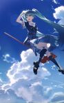  1girl absurdres aqua_eyes aqua_hair blue_sky clouds cloudy_sky commentary_request day flying hair_ornament hatsune_miku highres karasuro long_hair open_mouth project_sekai skirt sky smile solo tagme thigh-highs twintails very_long_hair vocaloid witch 