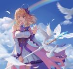  1girl absurdres ahoge ascot bare_shoulders bird blonde_hair blue_sky blurry blurry_foreground clouds commentary_request cowboy_shot day detached_collar detached_sleeves dress falling_feathers flower grey_eyes hair_flower hair_ornament hand_up highres holding holding_staff medium_hair mmmilk open_mouth original outdoors pink_skirt purple_ascot purple_dress purple_flower rainbow skirt sky solo staff strapless strapless_dress two-tone_dress waving white_dress white_sleeves 