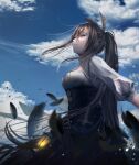  1girl absurdres bangs belt brown_corset brown_eyes brown_hair clouds cloudy_sky corset dagger feather_hair_ornament feathers hair_ornament hairclip highres hololive hololive_english knife kyatto-mikazu lantern long_hair looking_up nanashi_mumei paper ponytail shirt sky smile solo very_long_hair virtual_youtuber weapon white_shirt wind wind_lift 
