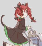  1girl :3 animal_ears bow braid cat_ears cat_tail dress from_side grey_background hair_bow kaenbyou_rin long_sleeves looking_at_viewer multiple_tails red_eyes redhead sasaki_sakiko simple_background smile solo tail touhou twin_braids 