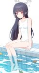  1girl ahoge black_hair blue_archive breasts eyebrows_visible_through_hair feet hair_between_eyes halo highres leaf long_hair miyu_(blue_archive) poolside red_eyes rokukyugo shadow simple_background sitting small_breasts swimsuit water white_background white_swimsuit 