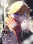  1girl absurdres bangs blonde_hair blurry blurry_foreground eyebrows_visible_through_hair hair_between_eyes highres holding long_hair long_sleeves looking_at_viewer love_live! love_live!_superstar!! n_aaa01 night outdoors red_scarf scarf shibuya_kanon solo upper_body violet_eyes winter 