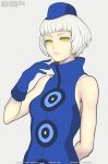  1girl bare_shoulders blue_gloves breasts closed_mouth dress elizabeth_(persona) gloves gofelem hat lips looking_at_viewer persona persona_3 short_hair simple_background sleeveless solo white_hair yellow_eyes 