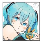  1girl artist_logo artist_name bare_shoulders blue_eyes blue_hair blush border closed_mouth commentary hatsune_miku highres keychain long_hair looking_at_viewer solo twintails upper_body vocaloid wandu_muk white_border 