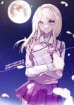  1girl absurdres ahoge akamatsu_kaede bangs blonde_hair breasts character_name collared_shirt danganronpa_(series) danganronpa_v3:_killing_harmony hair_ornament happy_birthday highres holding holding_paper long_hair long_sleeves looking_at_viewer moon musical_note_hair_ornament necktie night paper pink_eyes pink_vest plaid plaid_skirt pleated_skirt semo_dgrp shirt skirt smile vest 