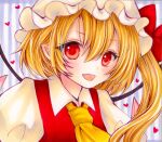  ascot bangs blonde_hair bow collared_shirt crystal fang flandre_scarlet hair_between_eyes hat hat_bow heart highres looking_at_viewer medium_hair mob_cap one_side_up open_mouth pointy_ears portrait puffy_short_sleeves puffy_sleeves red_bow red_eyes red_vest shikishi shirt short_sleeves skin_fang touhou traditional_media vest white_shirt wings yellow_ascot yuuki_hana_(jtnp5334) 
