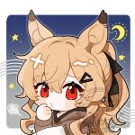  1girl animal_ear_fluff animal_ears animal_hood arknights bangs blush_stickers brown_hair brown_hoodie ceobe_(arknights) chibi closed_mouth commentary_request crescent dog_ears dotted_line eyebrows_visible_through_hair fake_animal_ears hair_between_eyes hair_ornament highres hood hood_down hoodie long_hair long_sleeves looking_at_viewer naojiang o3o ponytail red_eyes solo squiggle star_(symbol) upper_body watermark 