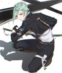  1boy aiguillette asymmetrical_hair belt black_footwear black_gloves black_jacket black_pants boots dress_shirt full_body gloves green_hair hair_over_one_eye highres hizamaru_(touken_ranbu) jacket knee_boots knee_guards long_sleeves male_focus military military_uniform oshage_(user_kpsn5534) pants ready_to_draw shadow shirt short_hair solo squatting sword tassel touken_ranbu uniform weapon white_background white_shirt yellow_eyes 