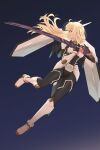  1girl aqua_eyes arm_guards armor blonde_hair bodysuit boots breastplate duel_monster floating floating_hair full_body heichi highres holding holding_sword holding_weapon long_hair looking_to_the_side mechanical_wings official_alternate_costume sky_striker_ace_-_raye sky_striker_mecha_-_eagle_booster solo sword weapon wings yu-gi-oh! yuu-gi-ou 