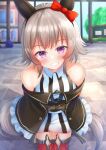  1girl 417taka animal_ears arms_behind_back blurry blurry_background blush breasts commentary_request curren_chan_(umamusume) grin headband highres horse_ears horse_girl horse_tail looking_at_viewer medium_breasts ribbon short_hair silver_hair smile solo tail umamusume 