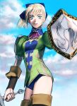  1girl breasts closed_mouth clouds sakamoto_mineji shield short_hair solo soulcalibur 