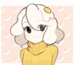  1girl black_eyes chocomiru closed_mouth egg egg_(food) egg_(lemyawn) eyebrows eyebrows_behind_hair eyebrows_visible_through_hair fried_egg long_sleeves looking_at_viewer medium_hair original smile solo sweater swimsuit turtleneck turtleneck_sweater upper_body white_hair yellow_swimsuit 