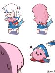  2girls a bangs black_eyes blue_eyes blue_hair chibi copy_ability cosplay eiul fish_tail gawr_gura gawr_gura_(cosplay) highres holding hololive hololive_english kirby kirby_(series) kirby_and_the_forgotten_land mori_calliope mouthful_mode multicolored_hair multiple_girls open_mouth shark_tail smile streaked_hair sweatdrop tail twitter_username two_side_up virtual_youtuber vore white_hair 