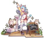  animal_ears artist_request bag bell blue_hair boots bow cafe cat cat_cafe cat_ears cat_tower chalkboard_sign copyright_name english_text fang flower food game_cg handbag heart highres holding holding_food igarashi_haruna leaf mahjong mahjong_soul official_art one_eye_closed pink_bow plant popsicle red_eyes sign simple_background skin_fang solo sparkle standing standing_on_one_leg tenbou thigh-highs third-party_source transparent_background white_flower yostar 