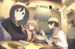  1boy 2girls :d air_conditioner animal_ears apron ashinowoto bangs black_hair black_sweater bowl breasts brown_hair chopsticks closed_mouth collared_shirt eishin_flash_(umamusume) faceless faceless_male food hair_over_eyes holding holding_chopsticks holding_plate horse_ears hotpot indoors large_breasts long_sleeves looking_at_viewer multiple_girls new_year&#039;s_eve one_eye_closed open_mouth painting_(object) pink_shirt plate shirt sitting smart_falcon_(umamusume) smile sweat sweater table television trainer_(umamusume) twintails umamusume w white_shirt yellow_eyes 