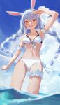  1girl :d absurdres animal_ear_fluff animal_ears arm_garter arm_up bangs bare_shoulders bikini blue_hair blush braid clouds cloudy_sky day eyebrows_visible_through_hair highres hololive leg_garter long_hair looking_at_viewer modare outdoors rabbit_ears red_eyes round_teeth shading_eyes short_eyebrows sky smile solo swimsuit teeth thick_eyebrows twin_braids twintails upper_teeth usada_pekora very_long_hair virtual_youtuber wading water white_bikini white_hair 