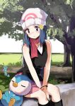  1girl :o bare_arms bare_shoulders beanie black_footwear black_shirt blue_eyes blue_hair blush boots closed_eyes commentary_request day feet_out_of_frame hair_ornament hairclip hat highres hikari_(pokemon) horizon lamb_(hitsujiniku) long_hair outdoors parted_lips pink_skirt piplup pokemon pokemon_(game) pokemon_dppt shirt sitting skirt sleeping sleeping_on_person sleeveless sleeveless_shirt tree very_long_hair white_headwear zzz 